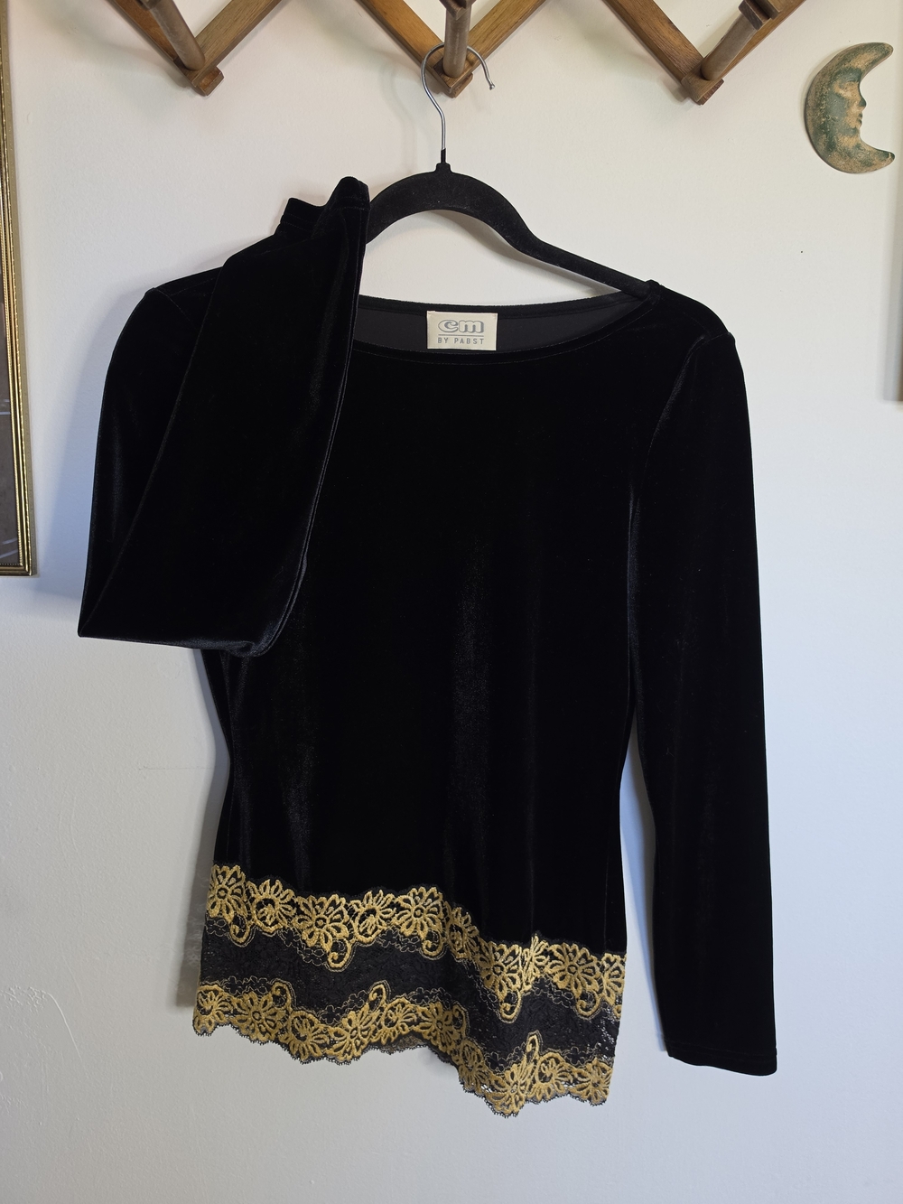 Vintage Black Velvet Top with Assymetric Gold Lace Trim